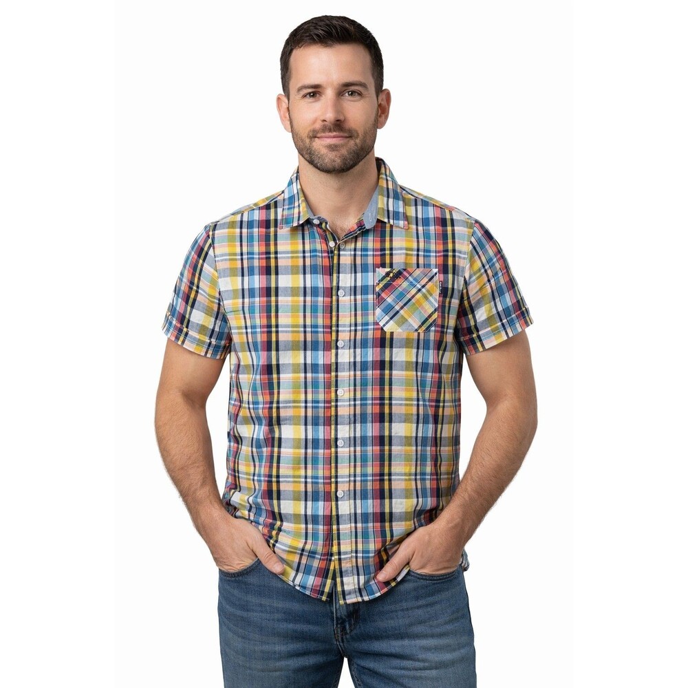 Fresh Brand Multicolor Plaid Shirt L Short Sleeve Button‑Up 100% Cotton Preppy